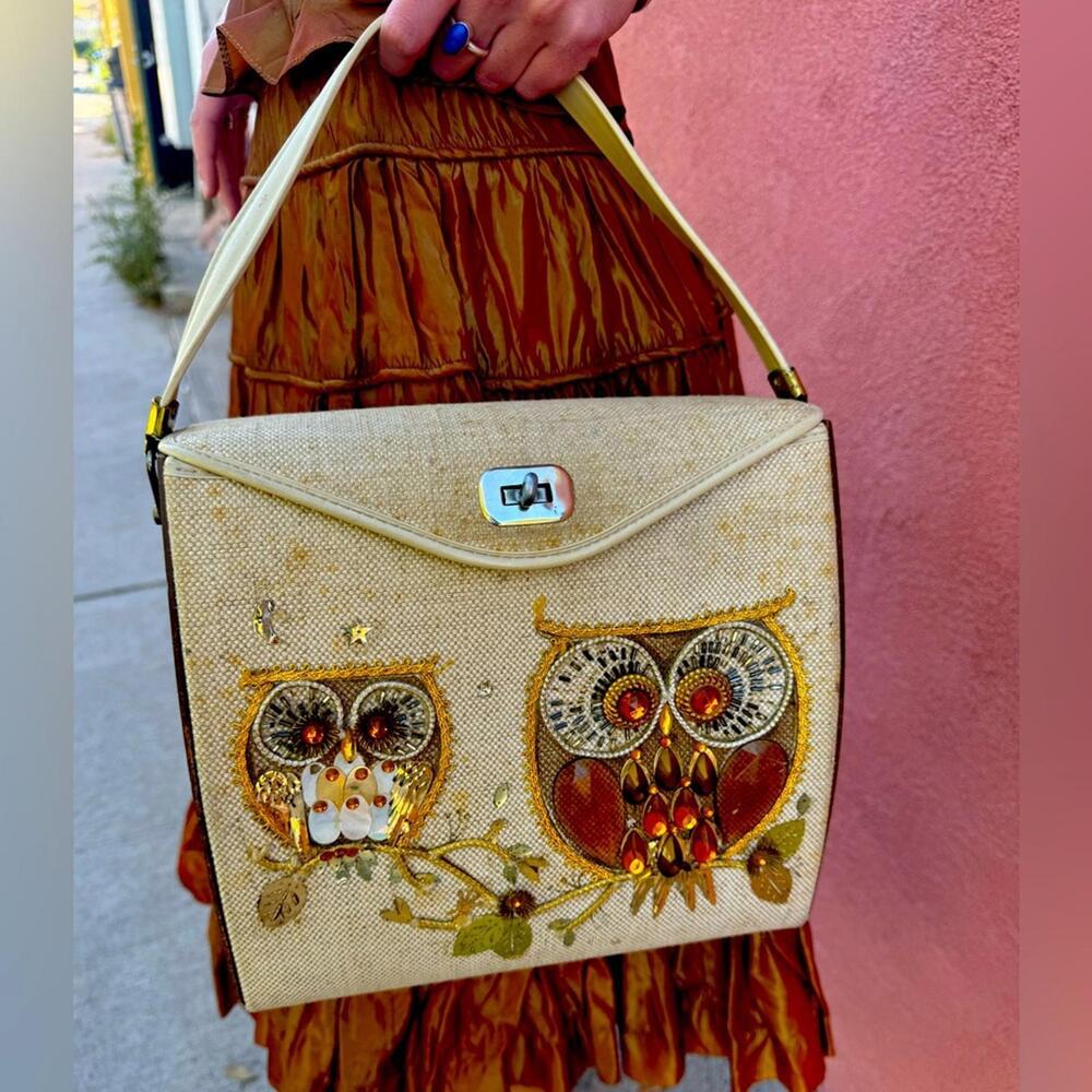 Mid Century Vintage Jeweled Owl Wood Purse Handbag